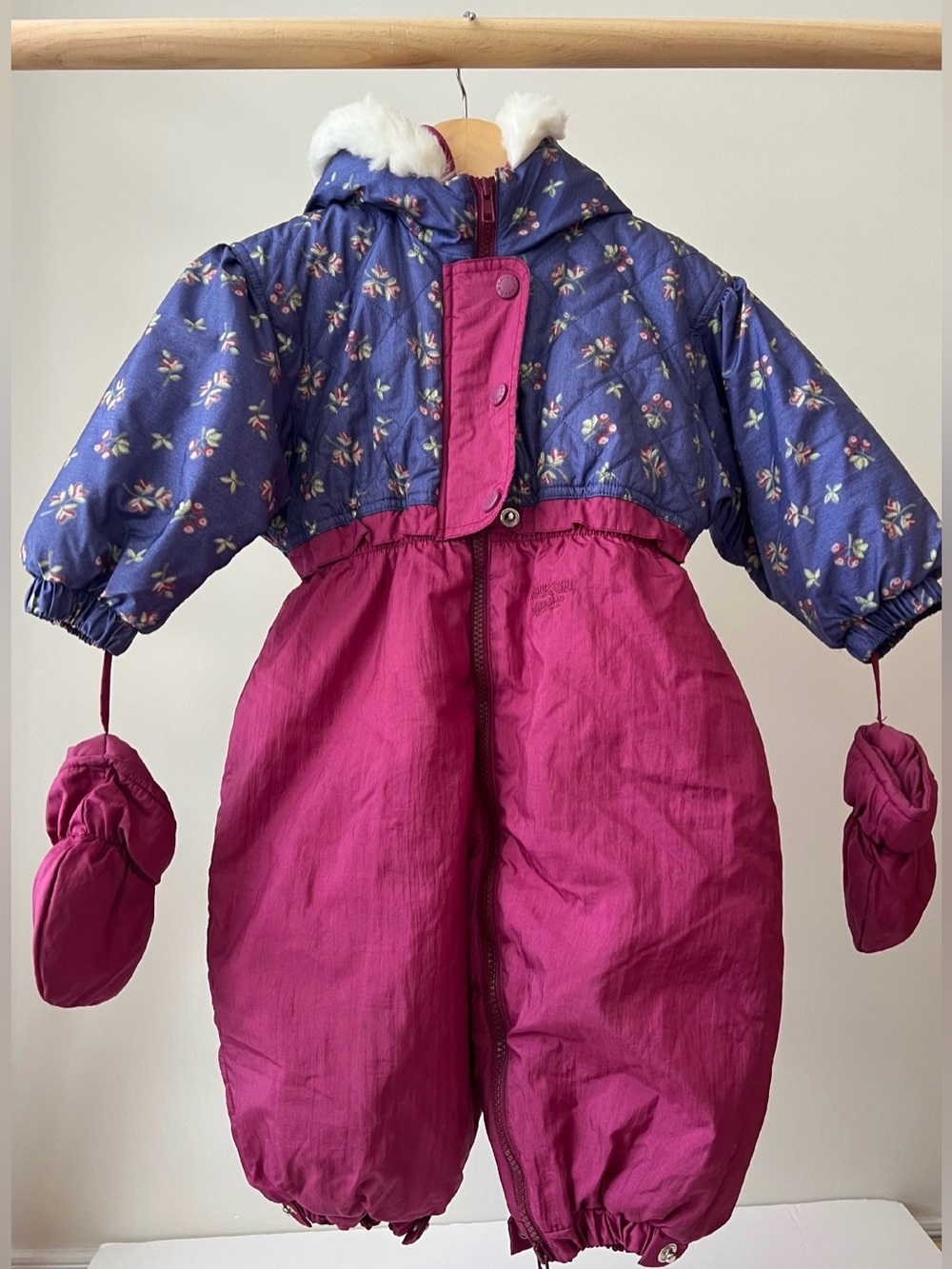 Vintage OshKosh B'gosh Pink Magenta Puffer Snowsuit with Faux Fur Trim Hood 18M
